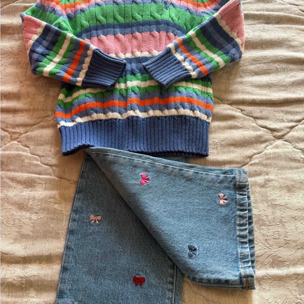 Polo by Ralph Lauren Green, Navy & Orange Striped Knit Sweater & Gap Jeans